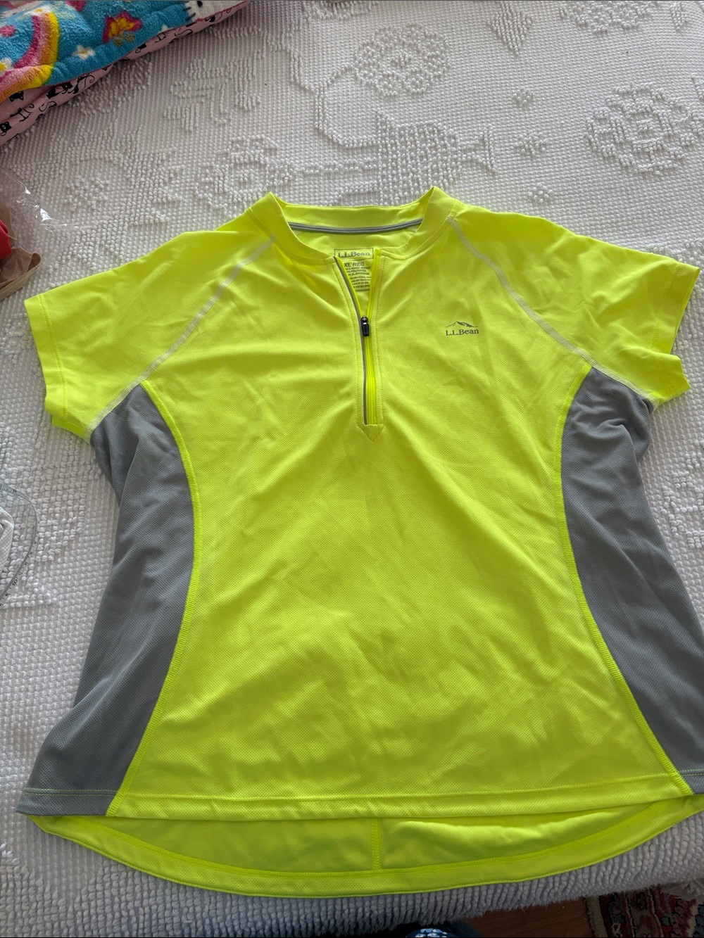 L.L. Bean Neon Yellow and Gray Short-Sleeve Half-Zip Cycling Jersey Top. XL